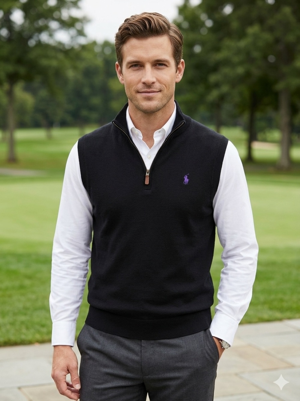 Polo Ralph Lauren Black Quarter-Zip Sweater Vest with Purple Pony